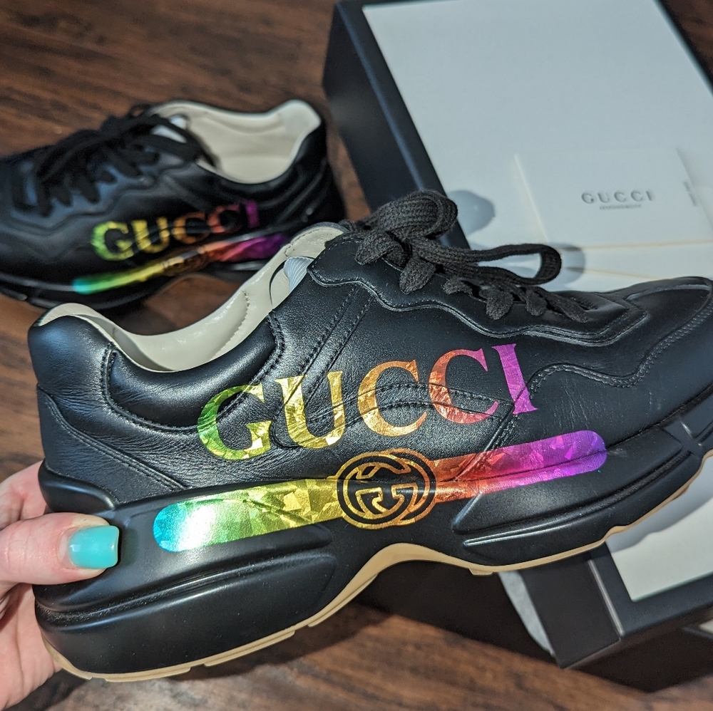 SOLD!!! NO LONGER AVAILABLE Gucci Rhyton Trainers Black with Rainbow Logo